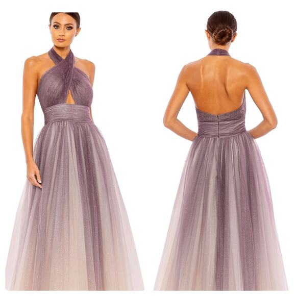 Mac Duggal 20376 Elegant Halter Neckline A-line Gown Charcoal-Ombre Size 12 NWT